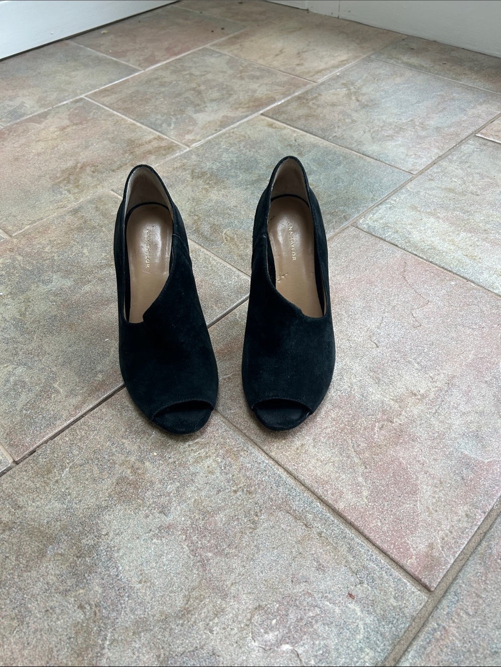 Ann Taylor Black Suede Peep-Toe Heels